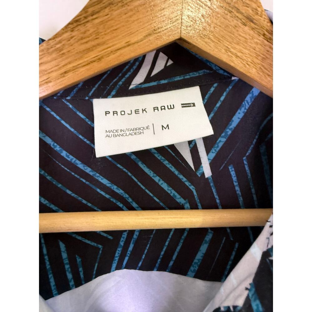 Projek Raw Mens Button Front Shirt Blue Black Geometric Print Short Sleeve M - Picture 2 of 3